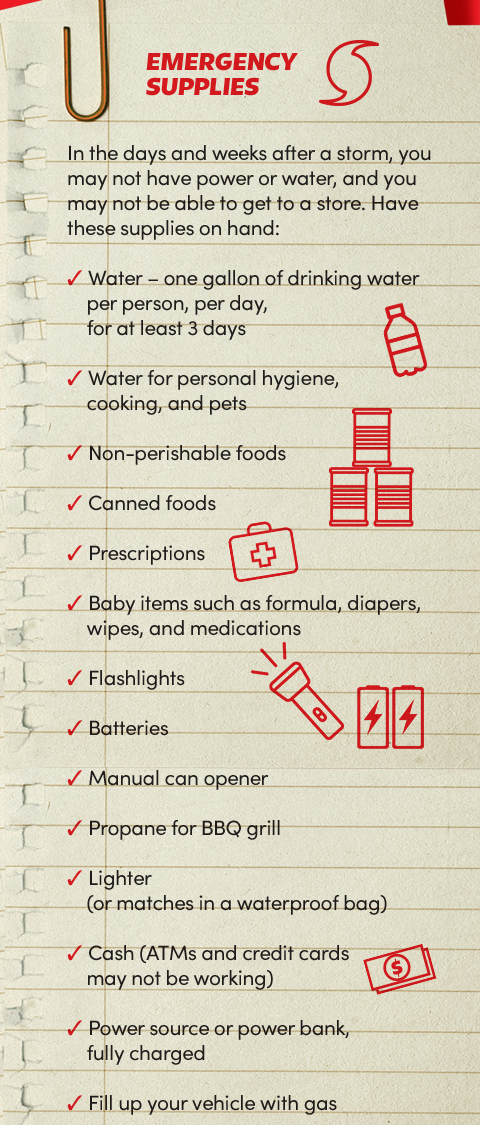 Emergency Supplies:
In the days and weeks after a storm, you may not have power or water, and you may not be able to get to a store.
Have these supplies on hand: Water – one gallon of drinking water per person, per day, for at least 3 days.
Water for personal hygiene, cooking, and pets;
Non-perishable foods. Canned foods;
Prescriptions;
Baby items such as formula, diapers, wipes, and medications;
Flashlights;
Batteries;
Manual can opener;
Propane for BBQ grill;
Lighter (or matches in a waterproof bag);
Cash (ATMs and credit cards may not be working);
Power source or power bank, fully charged;
Fill up your vehicle with gas