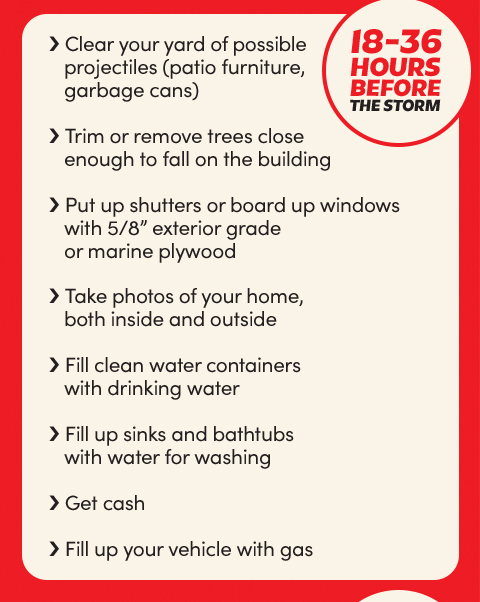 18-36 hours before the storm:
Clear your yard of possible projectiles (patio furniture, garbage cans);
Trim or remove trees close enough to fall on the building;
Put up shutters or board up windows with 5/8” exterior grade or marine plywood;
Take photos of your home, both inside and outside;
Fill clean water containers with drinking water;
Fill up sinks and bathtubs with water for washing;
Get cash;
Fill up your vehicle with gas