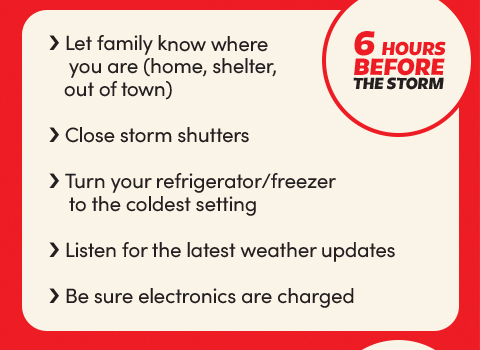 6 hours before the storm:
Let family know where you are (home, shelter, out of town);
Close storm shutters;
Turn your refrigerator/freezer to the coldest setting;
Listen for the latest weather updates;
Be sure electronics are charged